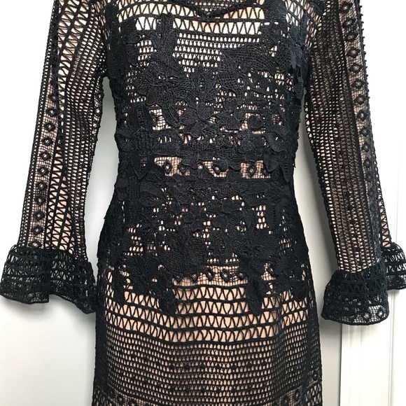 Polagram Anthropologie Black Lace Beige Lining Cocktail Dress ~ Women’s Medium - Picture 4 of 10
